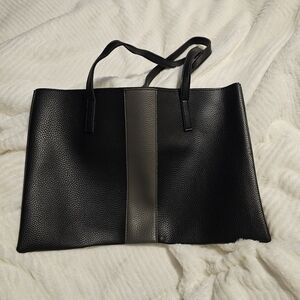 Vince Camuto Black Pebbled Vegan Leather Purse Tote Gray Stripe Over Shoulder